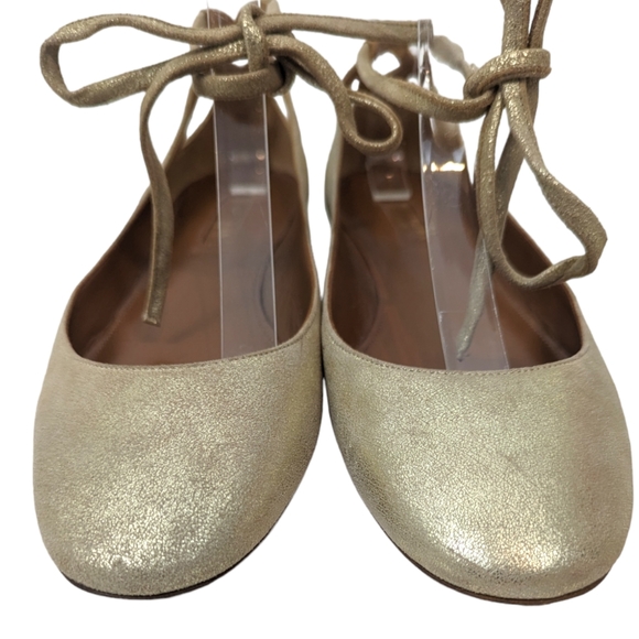 Aquazzura Leather Lace Up Ballet Flats Shoes Womens 39 Gold Designer Luxury - Picture 3 of 10
